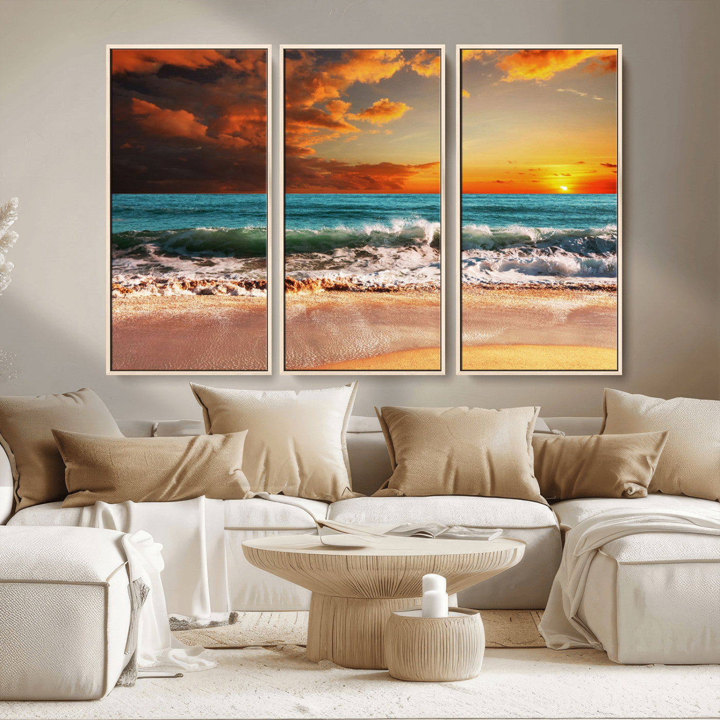 MGV-FC-48X32-3P - Golden Sunset Beach Canvas Wall Art – Triptych Seascape Print – Framed and Ready to Hang for Living Room or Office