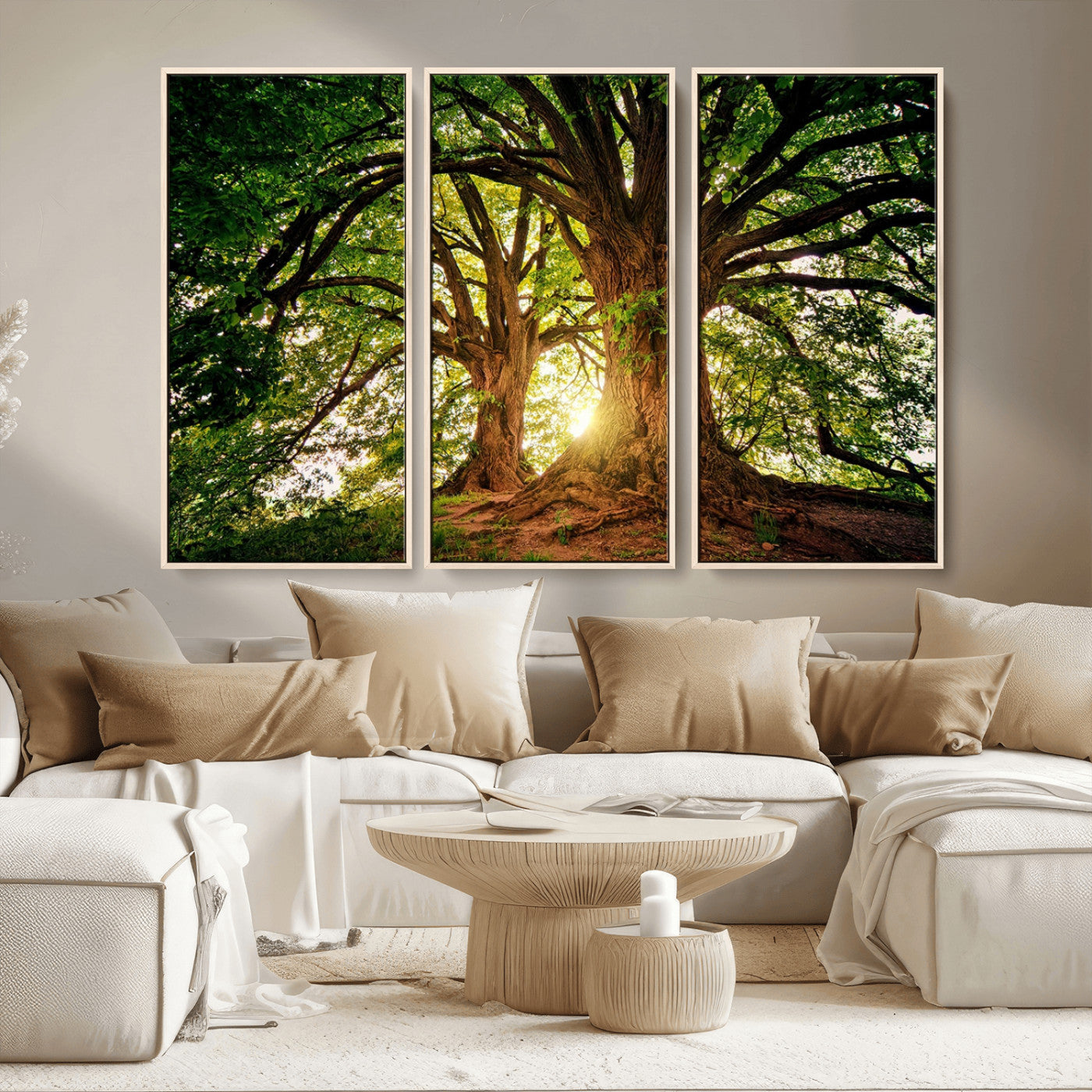 MGV-FC-48X32-3P - Majestic Ancient Tree Wall Art, Nature-Inspired Canvas Print, Woodland Art, Tree of Life Artwork, Sunlit Forest, Giclee Nature Print