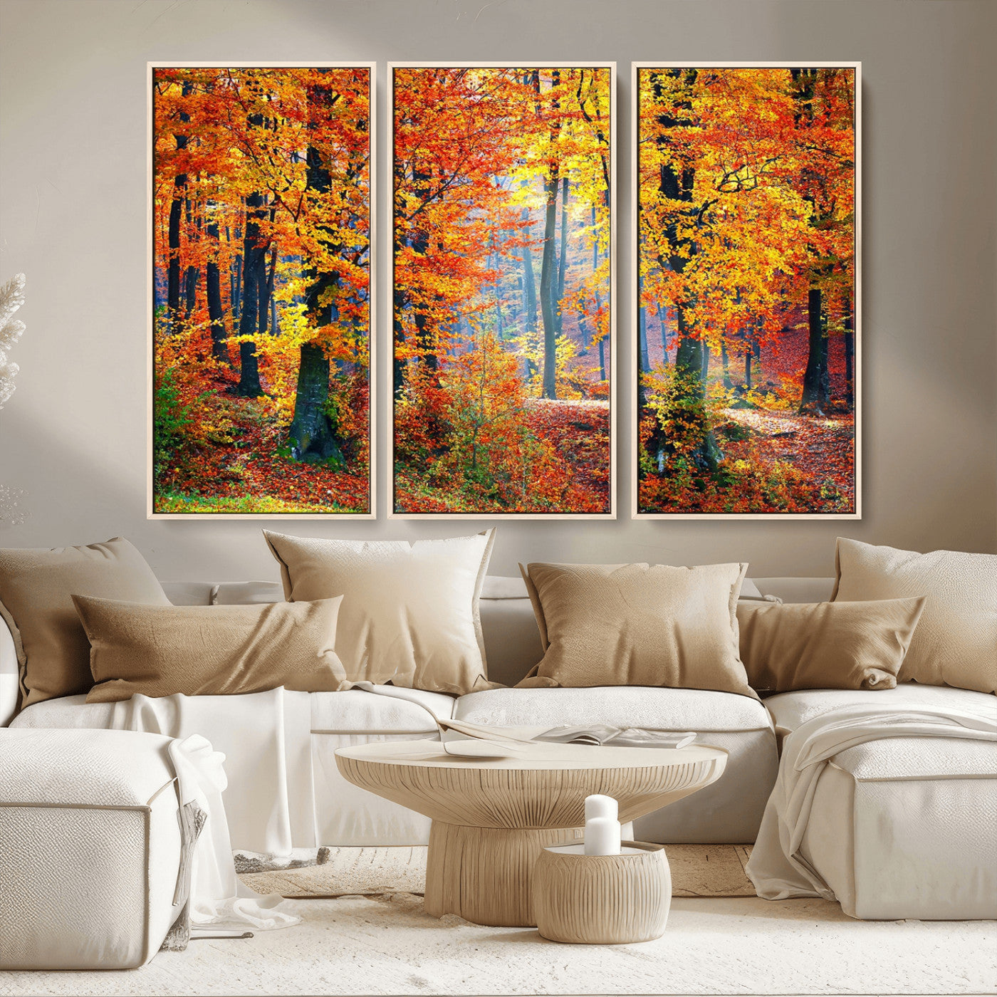 MGV-FC-48X32-3P - Autumn Red Forest Triptych Canvas Wall Art Print, Forest Wall Decor, Fall Landscape Art | Season Nature Landscape for Home or Office