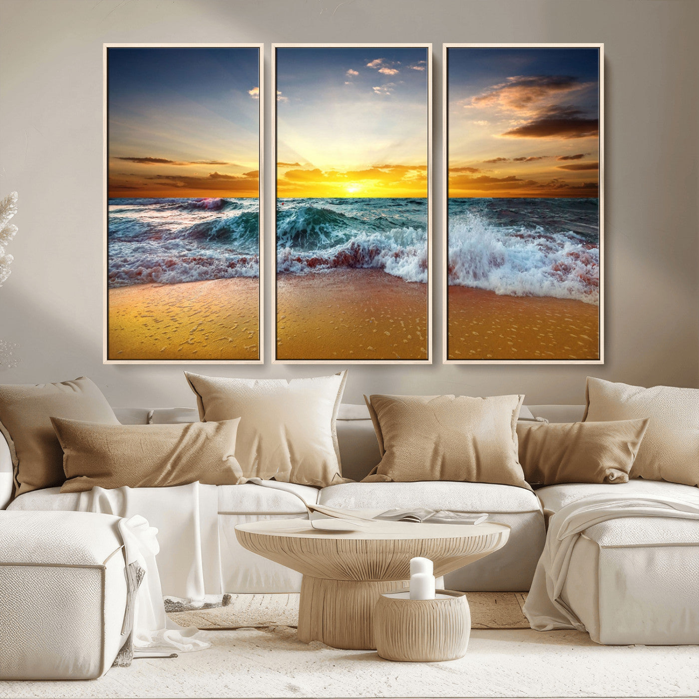 MGV-FC-48X32-3P - Golden Sunset Ocean Waves Wall Art Canvas Print – Multi Panel Beach Canvas Print Set – Large Coastal Triptych Print for Home or Farmhouse Decor