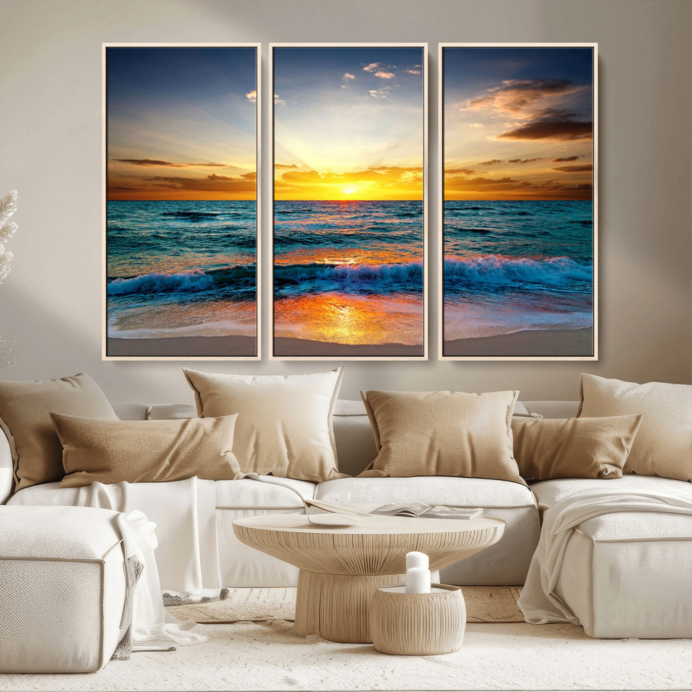 MGV-FC-48X32-3P - Vibrant Ocean Sunrise Over Golden Beach Waves, Giclee Canvas Wall Art Set, High-Quality Stretched Canvas Print, Ready to Hang Coastal Sunset Wall