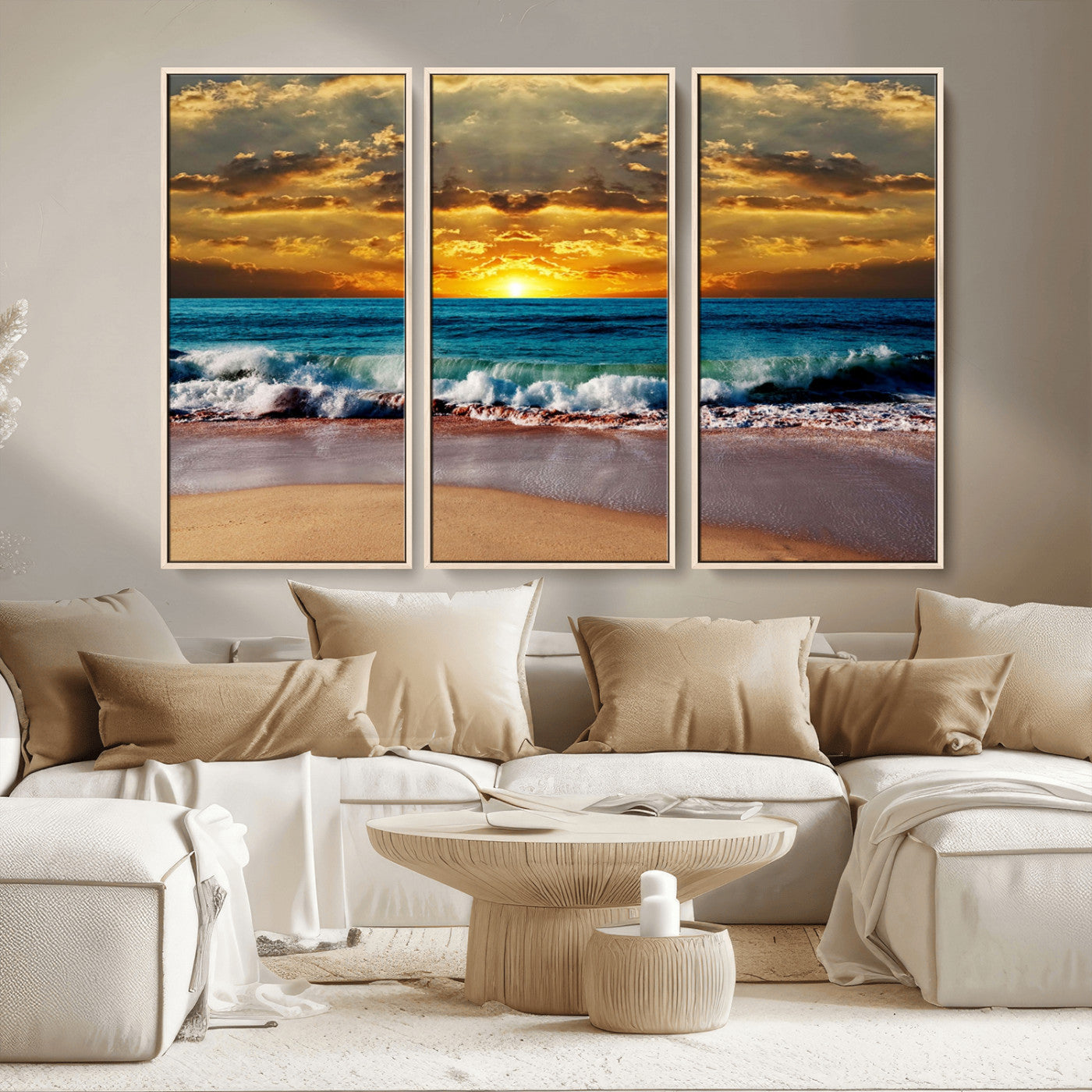 MGV-FC-48X32-3P - Ocean Sunrise Over Golden Beach Waves, Giclee Canvas Wall Art Set, High-Quality Stretched Canvas Print, Ready to Hang Coastal Sunset Wall Decor