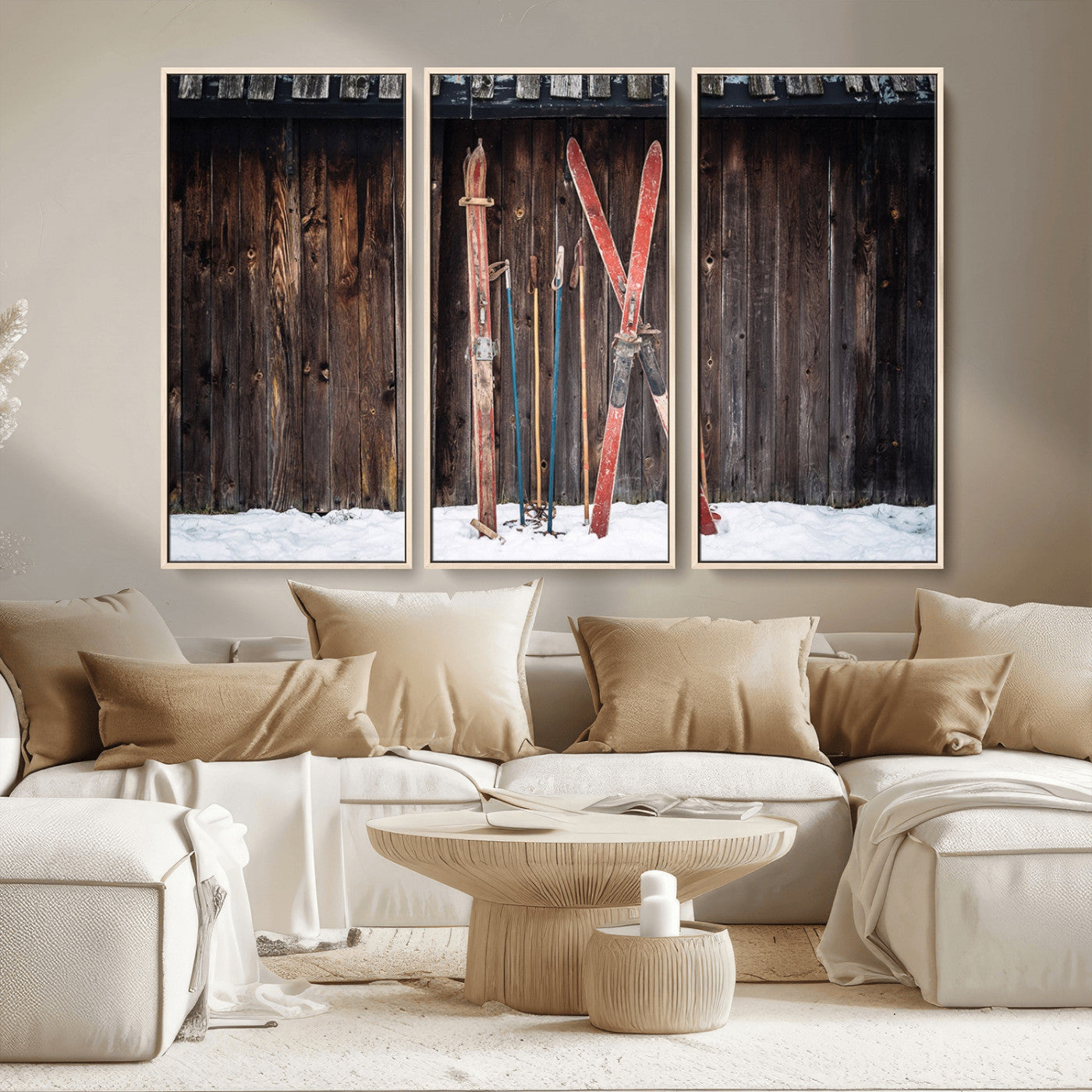 MGV-FC-48X32-3P - Vintage Ski Gear Against Wooden Cabin Wall, Rustic Winter Sports Equipment Canvas Print, Ready to Hang Wall Art, Perfect for Lodge or Ski Cabin Decor