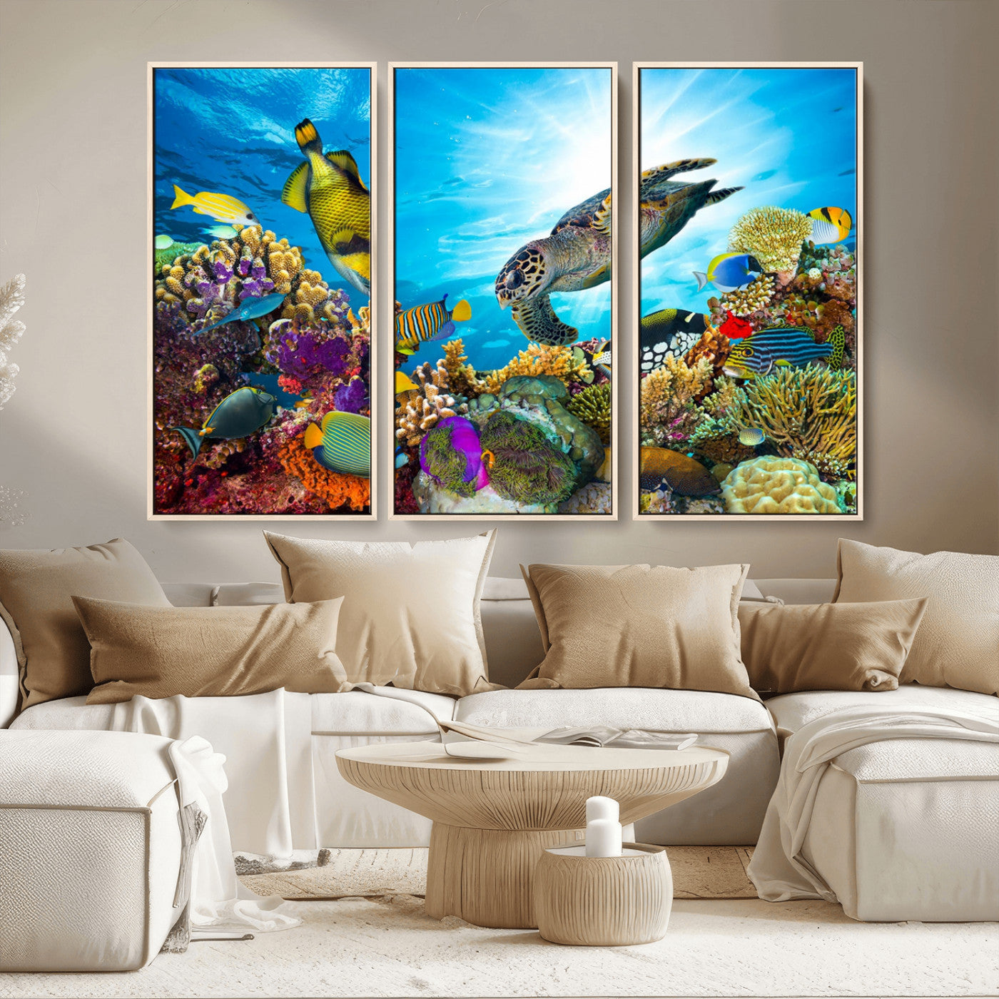 MGV-FC-48X32-3P - Sea Turtle Coral Reef Wall Art Print – Colorful Underwater Canvas Print – Tropical Ocean Marine Life Artwork – Perfect for Coastal Home Decor