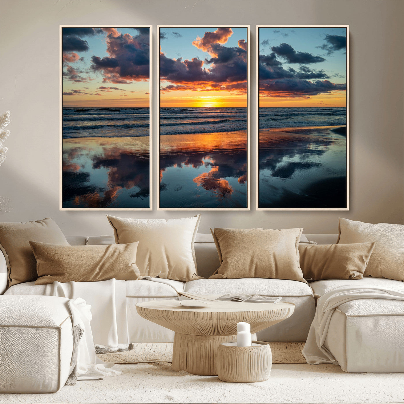 MGV-FC-48X32-3P - Beach Sunset Print - Stunning Ocean Canvas Artwork with Sunset Reflection Design for Elegant Home or