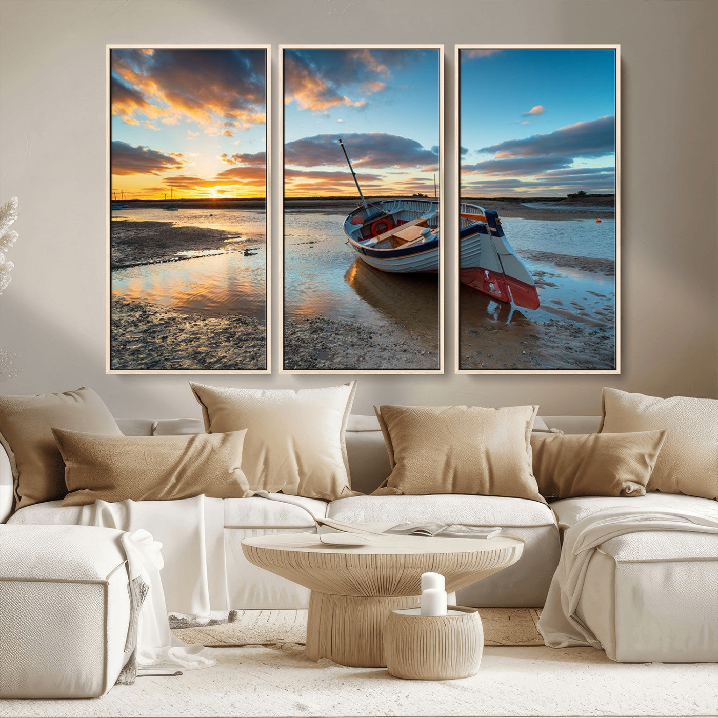 MGV-FC-48X32-3P - Small Boat At The Beach Sunset Wall Art, Boat Sunset Wall Art Canvas Print