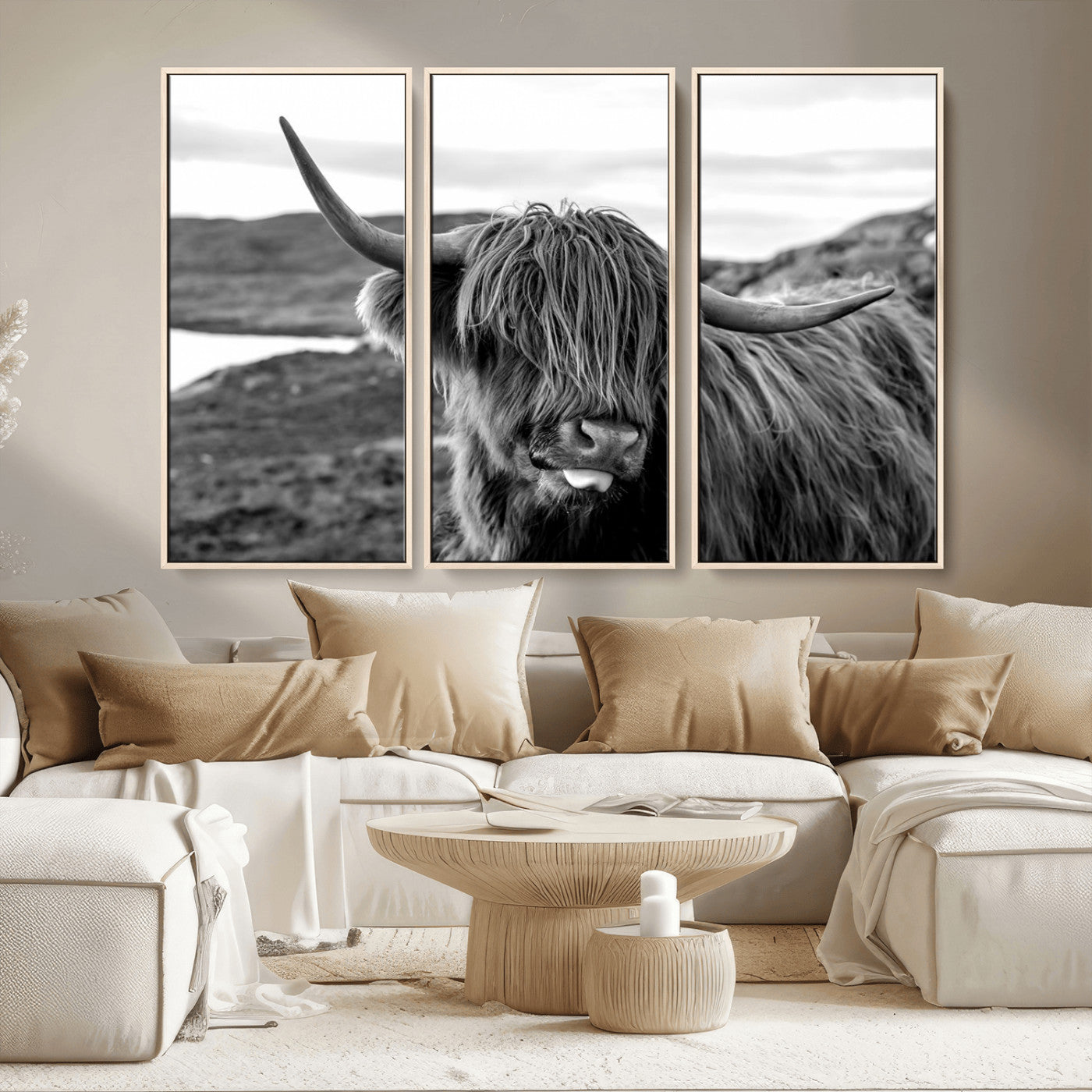 MGV-FC-48X32-3P - Highland Cow Canvas Wall Art – Black and White Animal Portrait – Framed and Ready to Hang Rustic Farmhouse Decor for Living Room or Office
