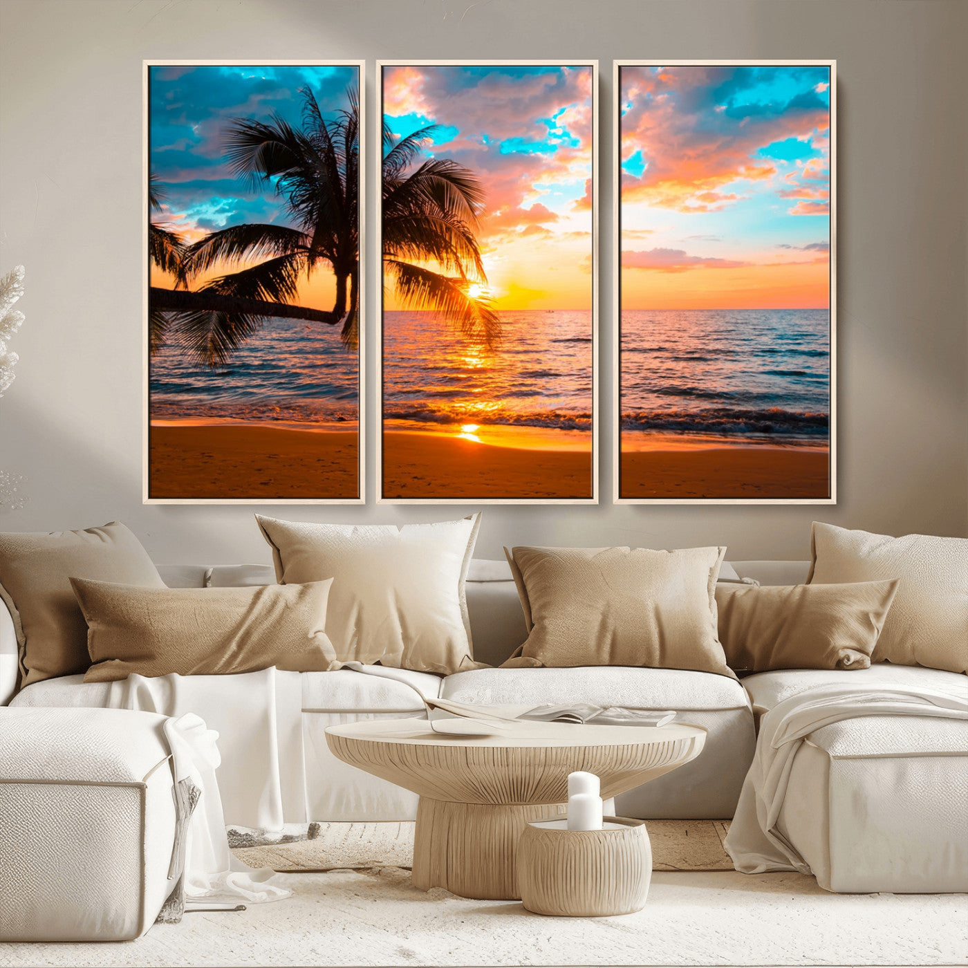 -Palm Tree Sunset On The Beach Wall Art Canvas, Framed Palm Tree Sunset Canvas Print