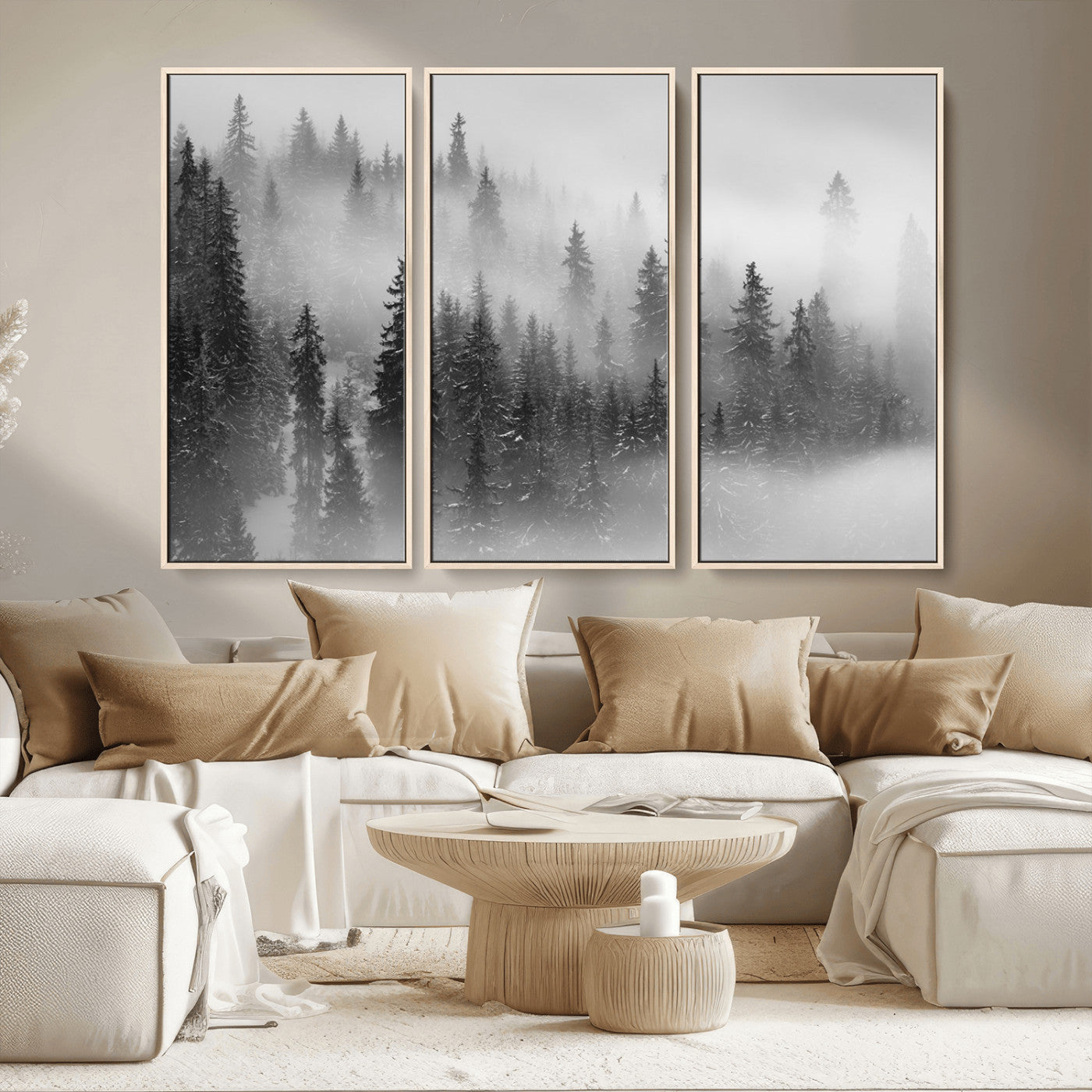 MGV-FC-48X32-3P - Black and White Forest Wall Art Print – Misty Pine Tree Canvas Print – Winter Woodland Nature Artwork – Perfect for Minimalist Home Decor