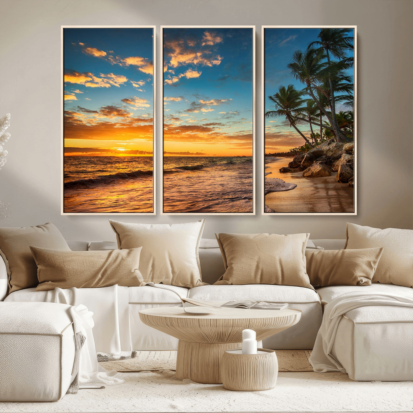 MGV-FC-48X32-3P - Tropical Beach Sunset Wall Art Print – Palm Tree Coastal Canvas Print – Ocean Seascape Artwork – Perfect for Tropical Modern Home Decor