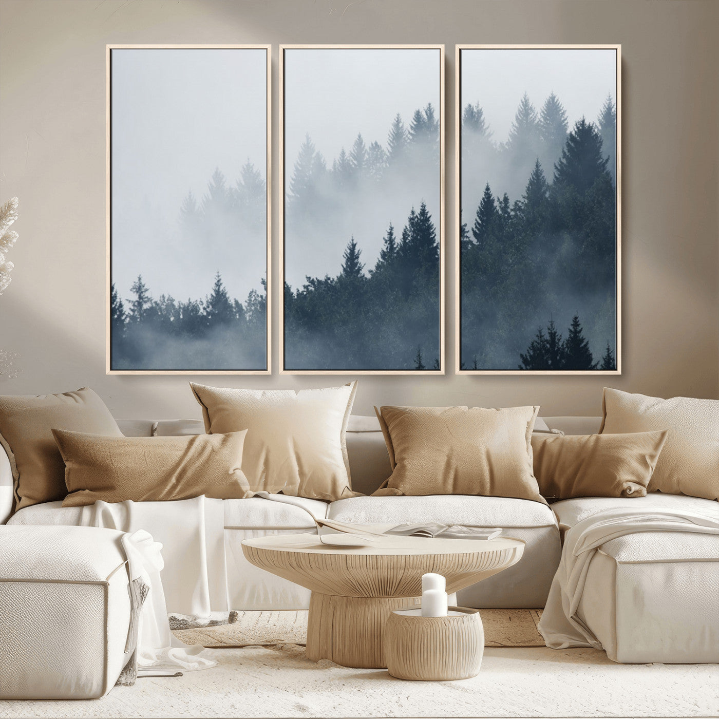 MGV-FC-48X32-3P - Misty Forest Wall Art Print – Foggy Pine Tree Canvas Print – Dark Woodland Nature Artwork – Perfect for Minimalist and Modern Home Decor