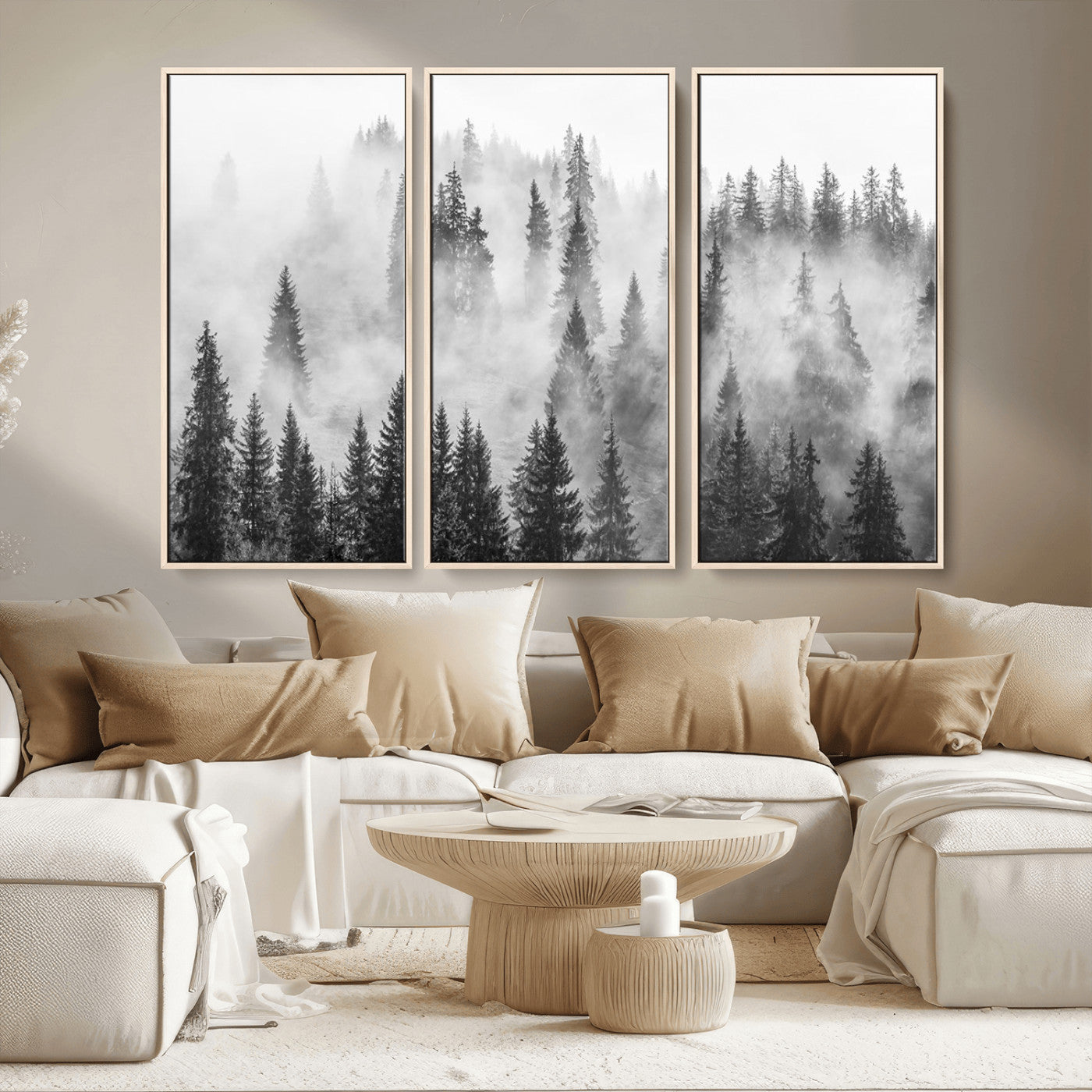 MGV-FC-48X32-3P - Forest Wall Art Print | Foggy Pine Forest Canvas Wall Art - Black and White Nature Decor for Living