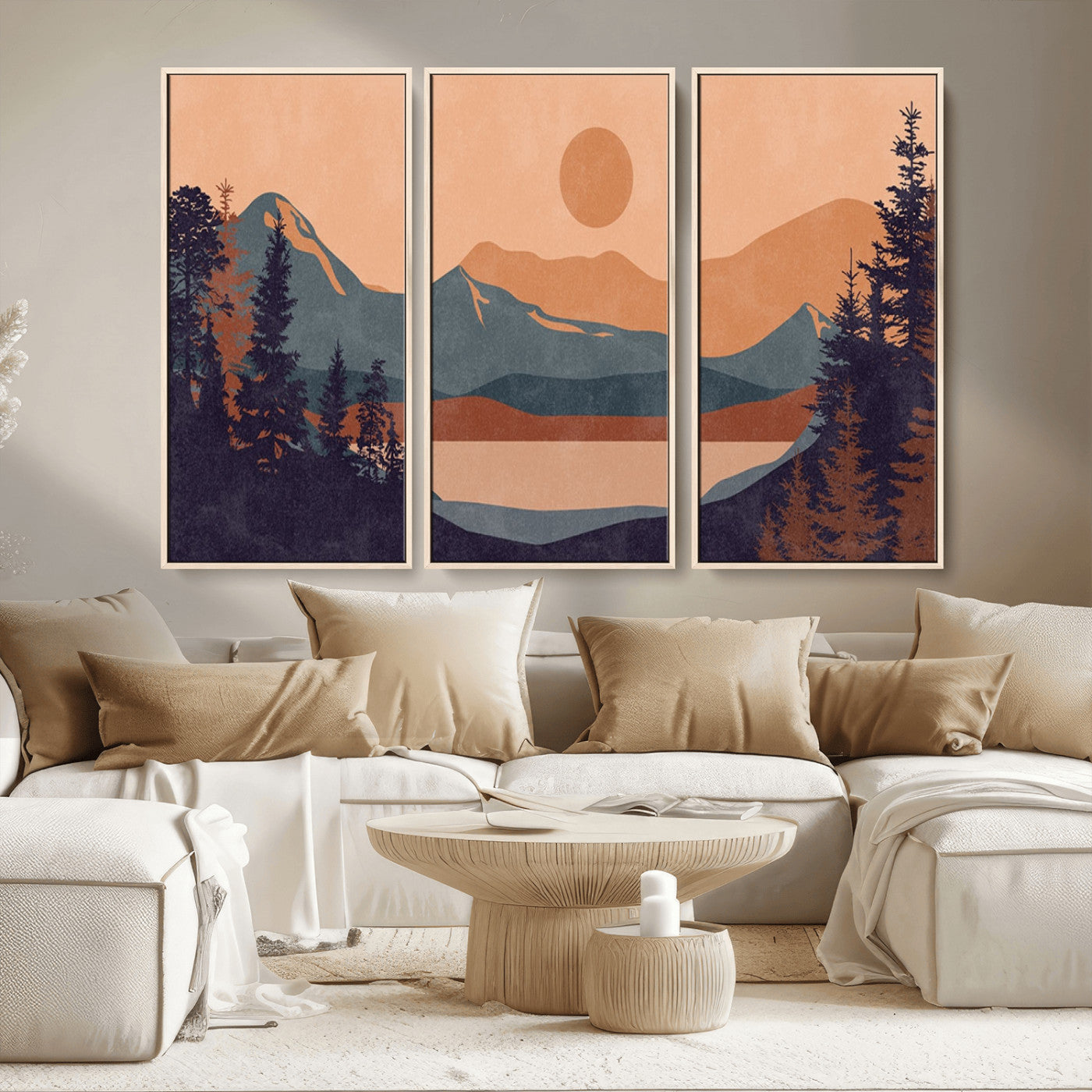 MGV-FC-48X32-3P - Modern Boho Sunset Canvas Print, Mountain Landscape Triptych – Giclée Canvas Art Print for Living