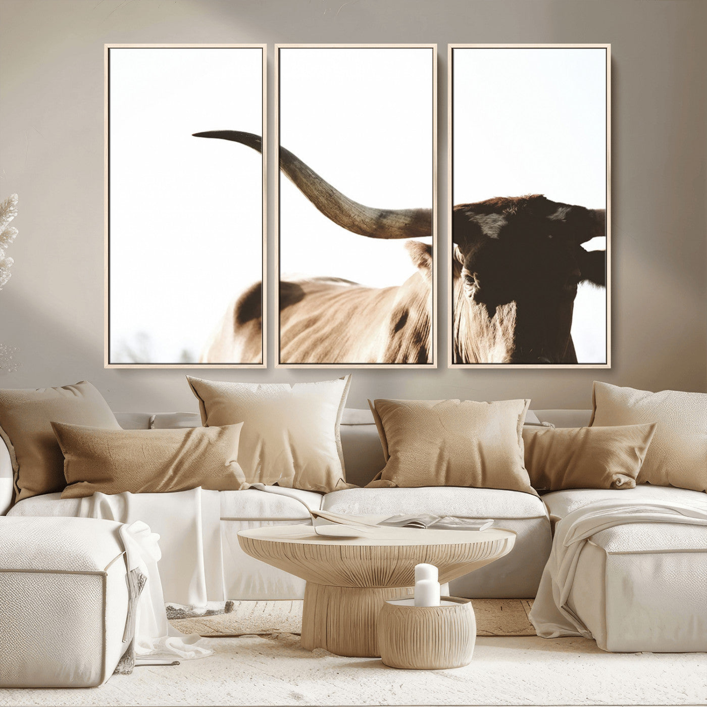 MGV-FC-48X32-3P - Texas Longhorn Wall Art Canvas Print | 3-Panel Large Longhorn Canvas Print for Living Room, Framed Gallery Wrap Office, Rustic Western Cowboy Decor