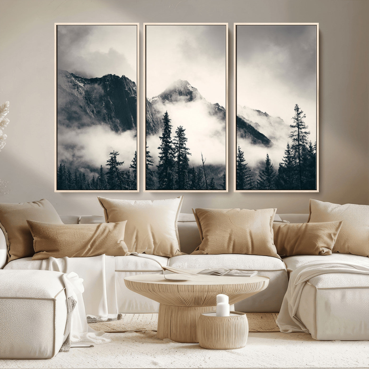 MGV-FC-48X32-3P - Large Foggy Mountain Forest Wall Art Canvas Print | Misty Mountain Peaks and Pine Trees Print | Framed Gallery Wrap | Rustic Nature Farmhouse Decor