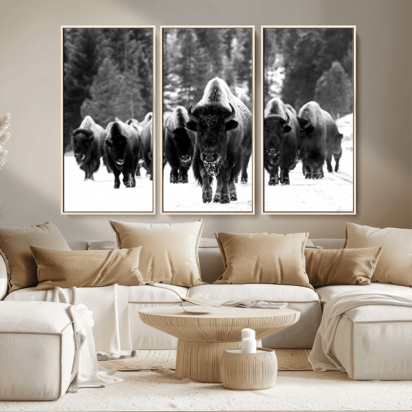 62434-MGV-CV-36X24-Bison Herd in Snow Wall Art Canvas Print | Rustic Western Bison Wall Art for Decor for Living Room,