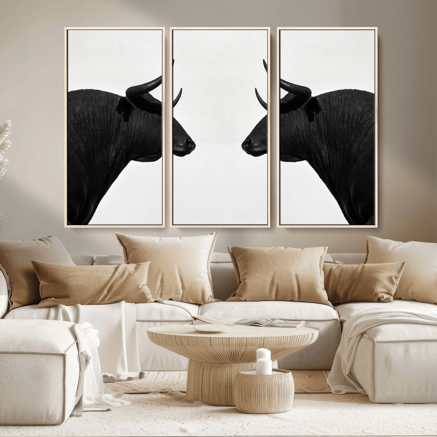 16038-MGV-FC-48X32-3P_Natural-Spanish Bull Art - Framed Black and White Bull Canvas Print for Modern Rustic Home or Office Decor