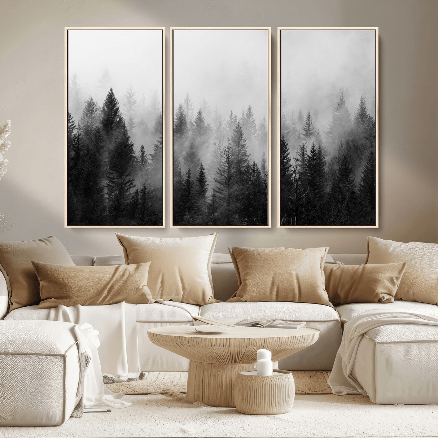 MGV-FC-48X32-3P - Foggy Black and White Forest Wall Art, 3 Panel Misty Pine Trees Canvas Print for Living Room, Office, or Bedroom, Nature-Inspired Woodland Wall Decor