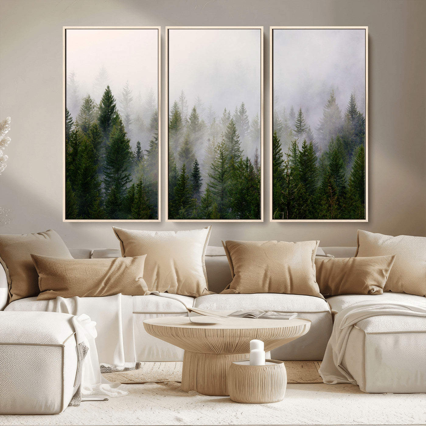 MGV-FC-48X32-3P - Misty Pine Forest Wall Art Canvas Print | 3 Panel Green Woodland Canvas Print for Living Room, Office, or Dining Room | Nature Foggy Forest Decor