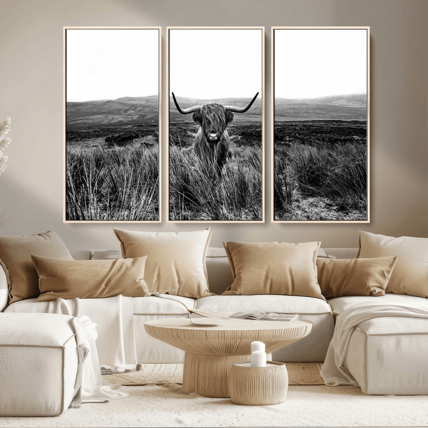 MGV-FC-48X32-3P - Black and White Highland Cow Canvas Wall Art, Longhorn Triptych Western Wall Decor for Cabin -