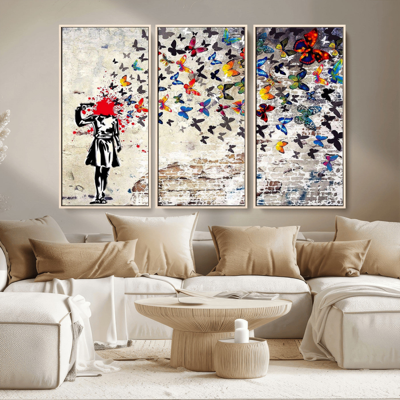MGV-FC-48X32-3P - Banksy Art Butterfly Girl Explosion Canvas Art – Vibrant Urban Graffiti for Modern Interiors - Ready to Hang