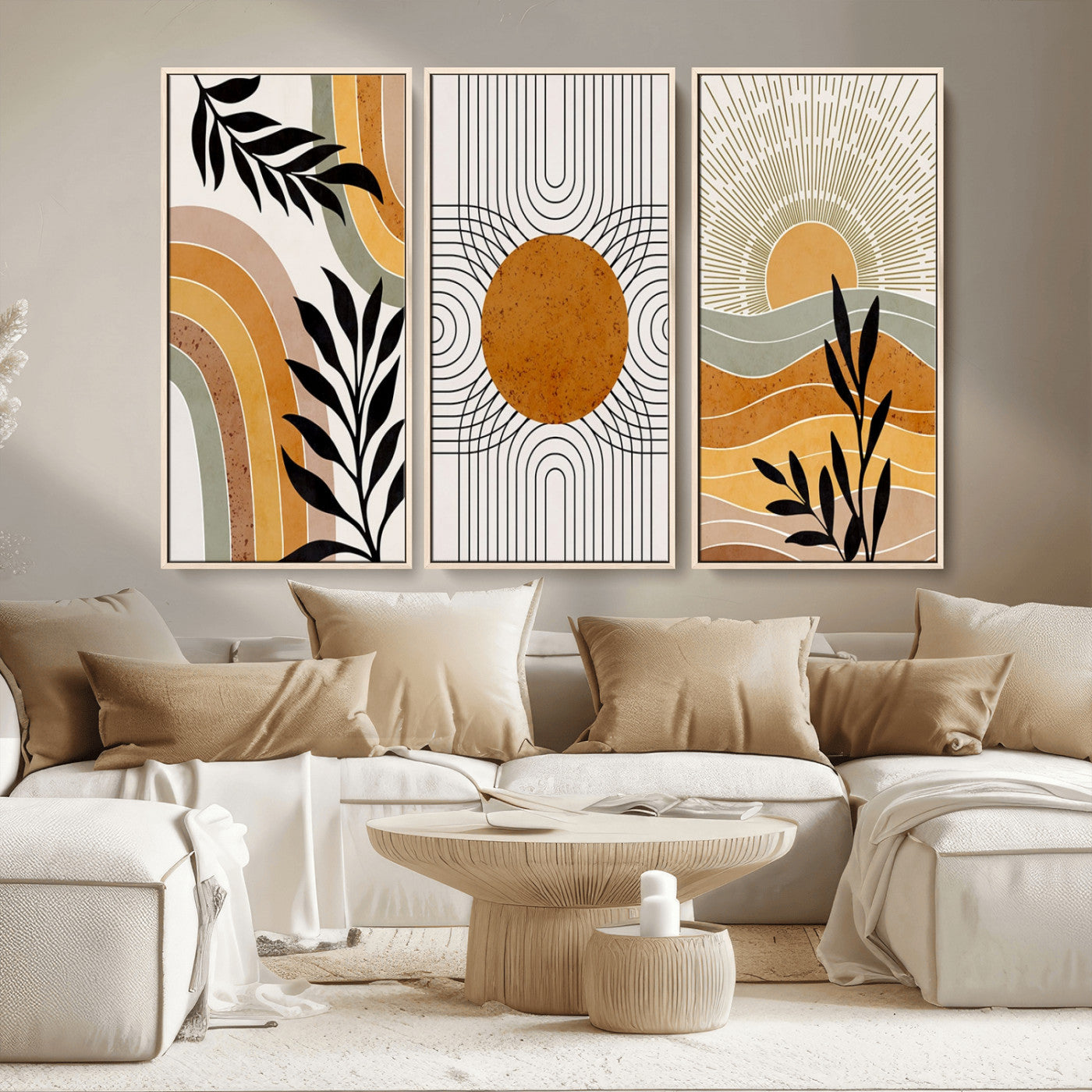 MGV-FC-48X32-3P - Modern Boho Sun and Leaf Abstract Art – 3-Panel Giclée Canvas for Mid-Century Modern or Bohemian