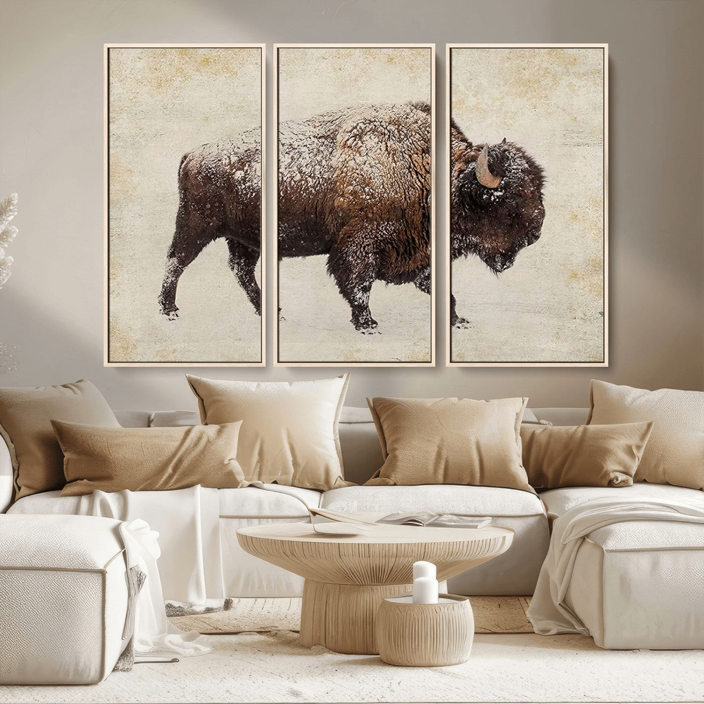 MGV-FC-48X32-3P - Buffalo Wall Art, Western Bison Canvas Print, Rustic Buffalo Art for Cowboy Western Decor, Large Multi-Panel Giclee Canvas for Farmhouse Wall Decor