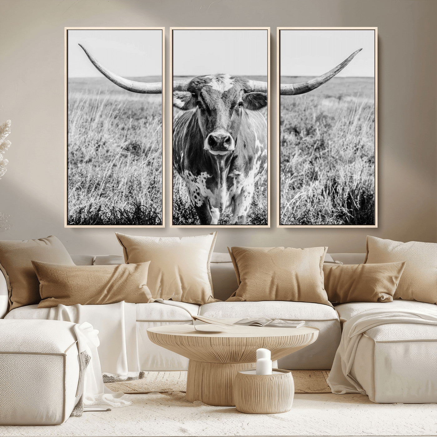 MGV-FC-48X32-3P - Texas Cow Longhorn Wall Art Canvas Print for Farm House Wall Decor, Farmhouse Wall Art Print