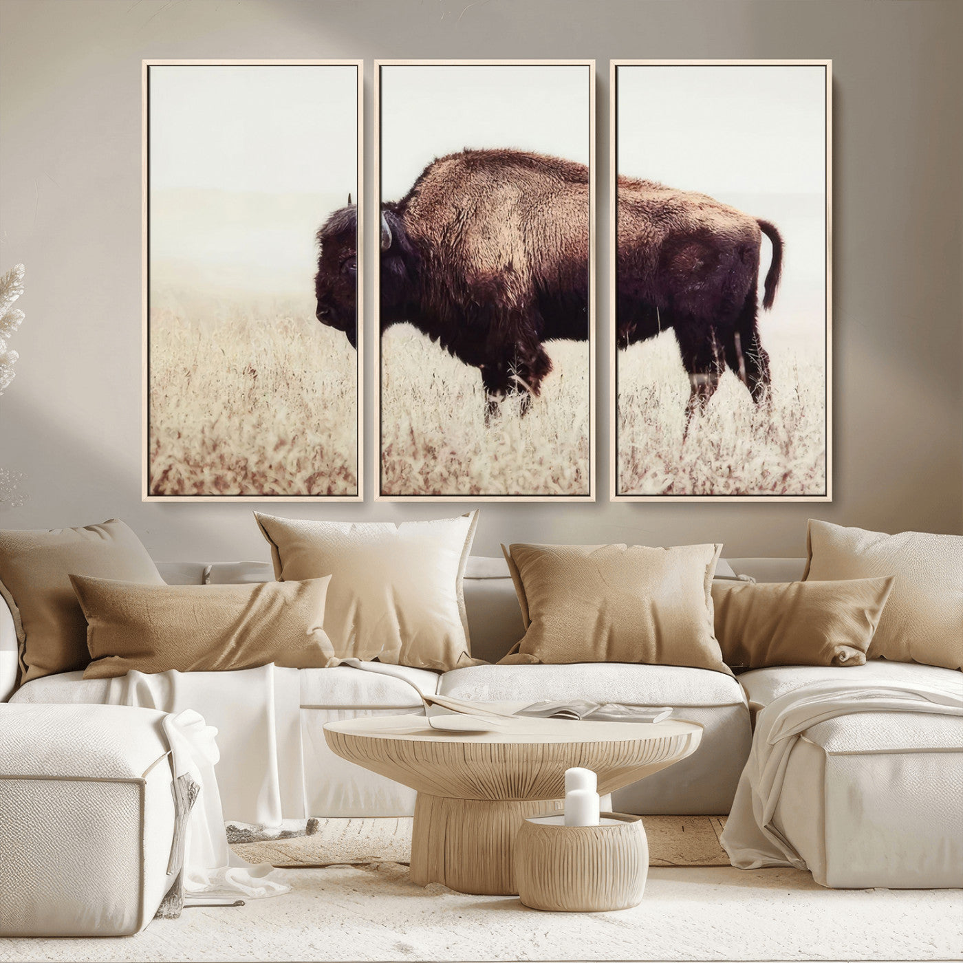 MGV-FC-48X32-3P - Bison in Field Wall Art Canvas Print For Farmhouse Barn Decor
