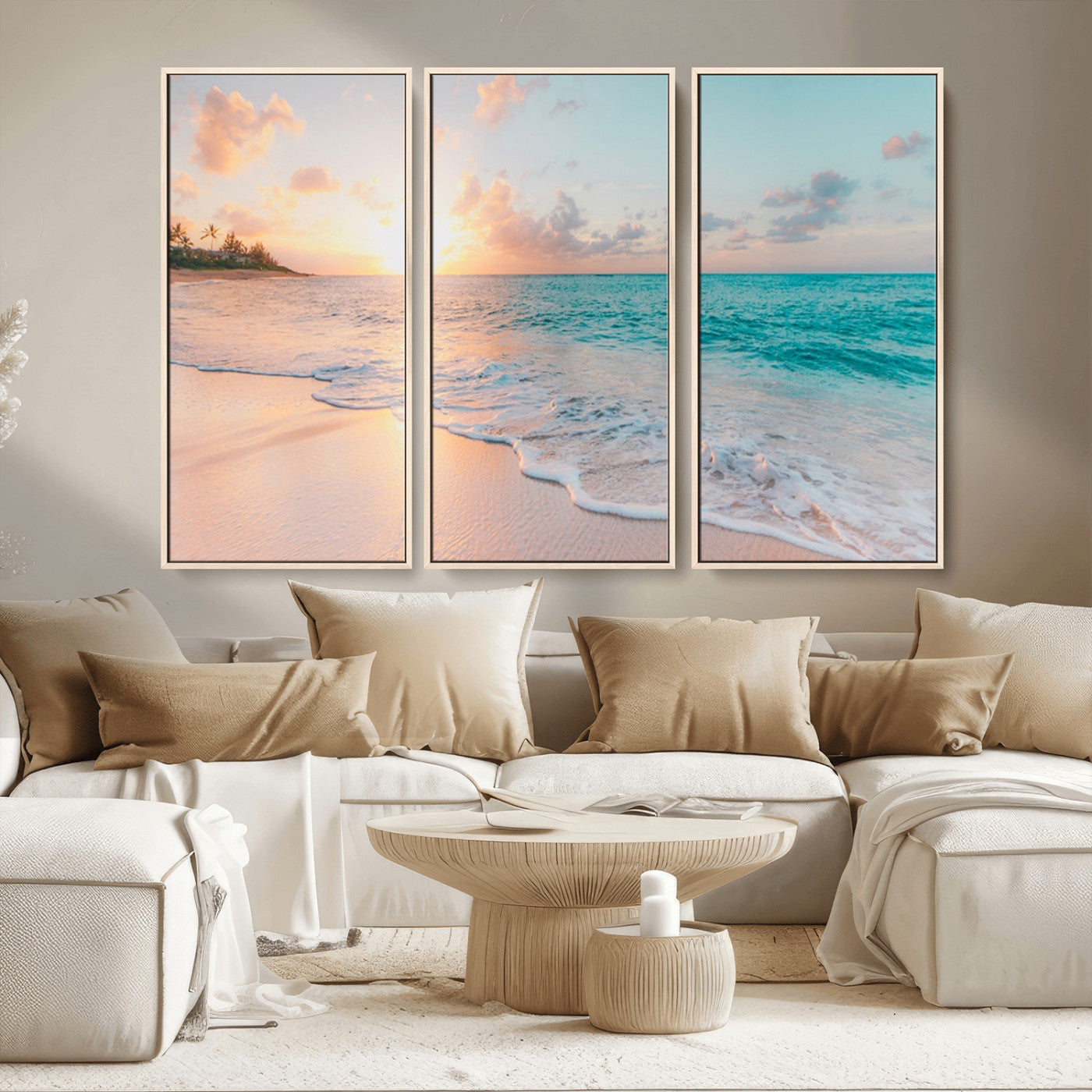 MGV-FC-48X32-3P - Beach Sunrise Wall Art, Coastal Seascape Canvas Print, Ocean Wave Multi-Panel Giclee, Coastal Sunset Beach Scene for Modern Decor