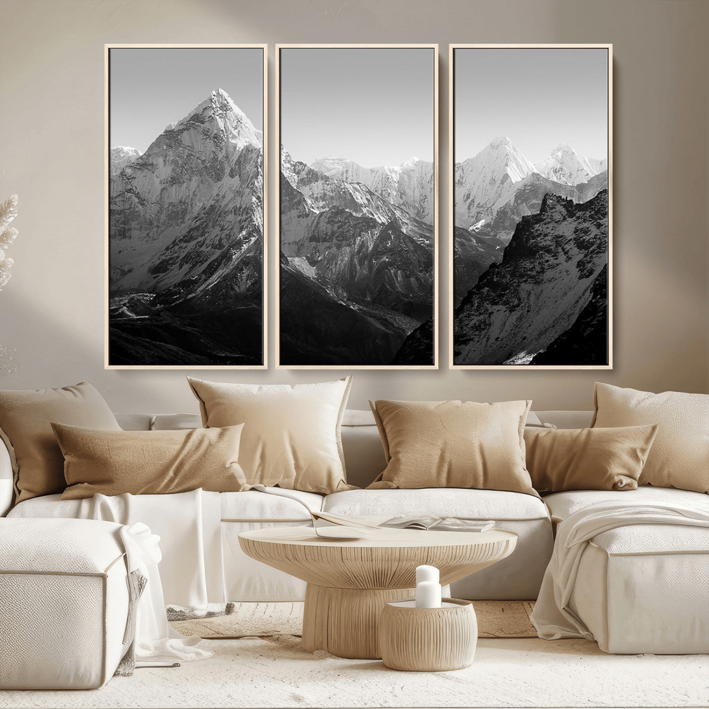MGV-FC-48X32-3P - Everest Himalaya Mountain Peaks Black & White Triptych Canvas Art – Mountain Wall Decor for Minimalist Interiors
