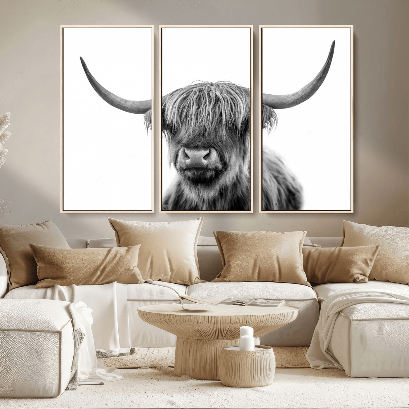 MGV-FC-48X32-3P - Grayscale Scottish Highland Cow Cattle Art Print Farmhouse Wall Art Canvas Print