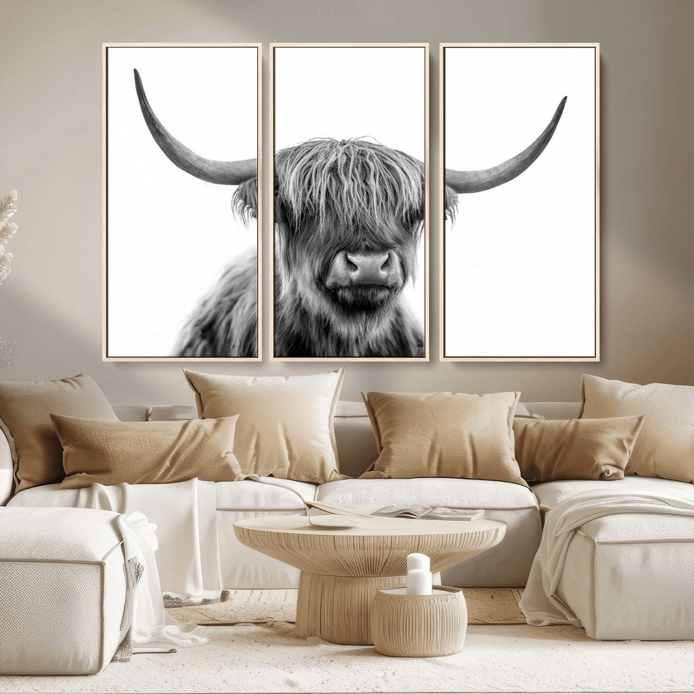 MGV-FC-48X32-3P - Scottish Highland Cow Cattle Art Print Wall Art Canvas Print for Farmhouse Decor, Framed Scottish