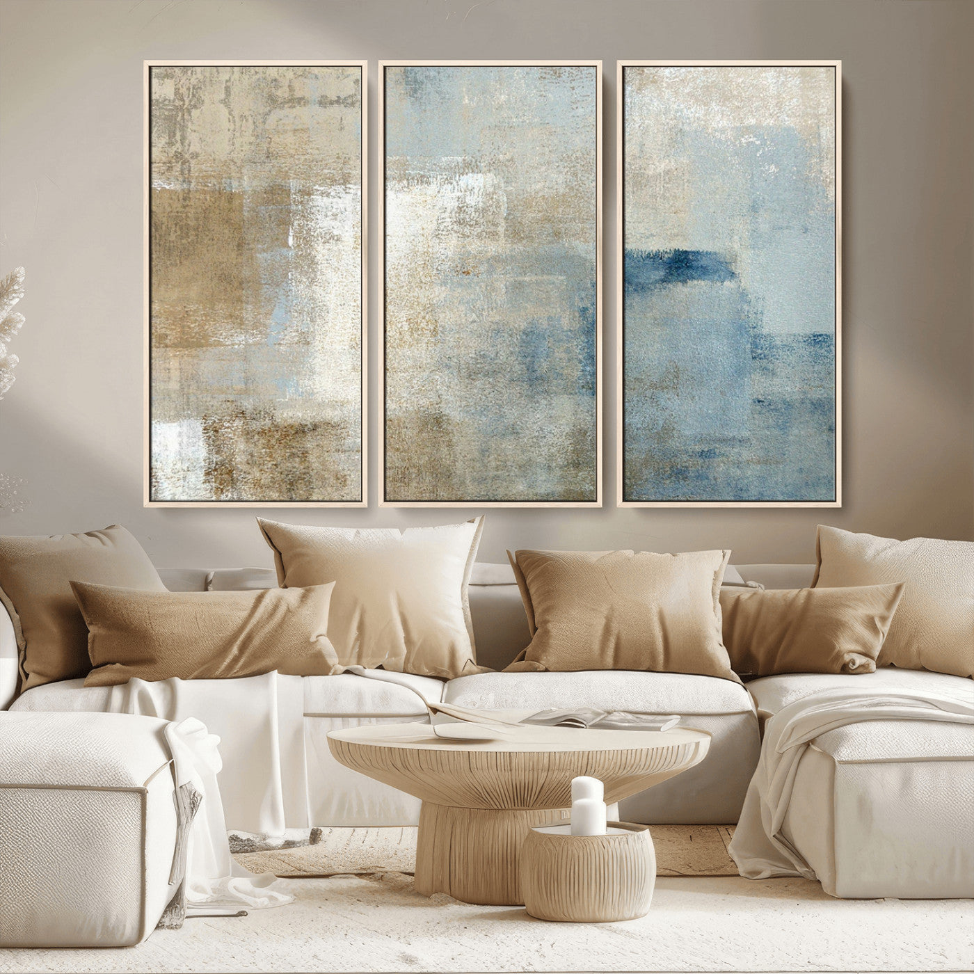MGV-FC-48X32-3P - Abstract Blue and Beige Wall Art, Modern Minimalist Canvas Print Set, Giclee Textured Art, Large Multi-Panel Artwork for Living Room