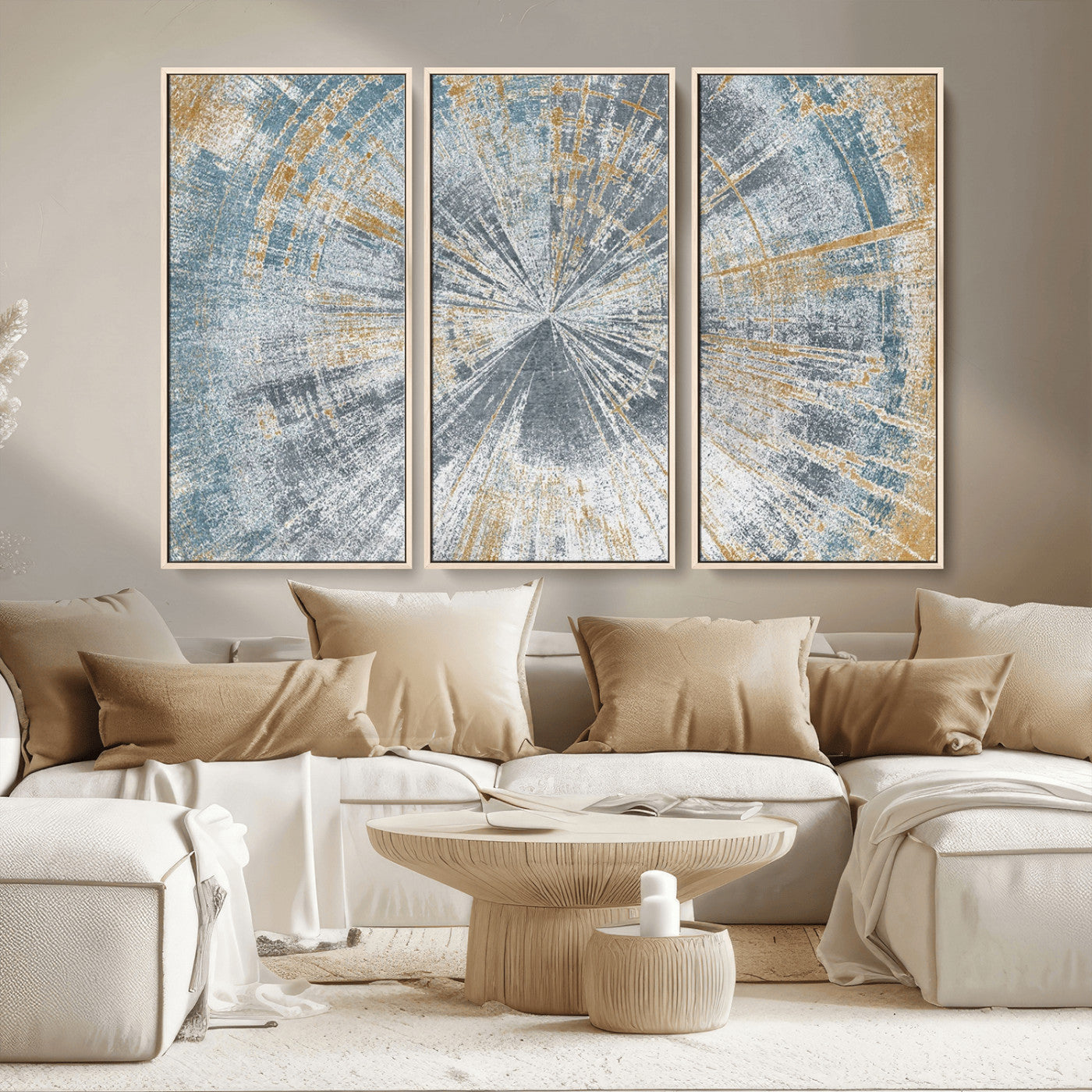MGV-FC-48X32-3P - Radiant Abstract Wood Rings Canvas Art – Modern Triptych Wall Decor for Living Room or Farmhouse Decor