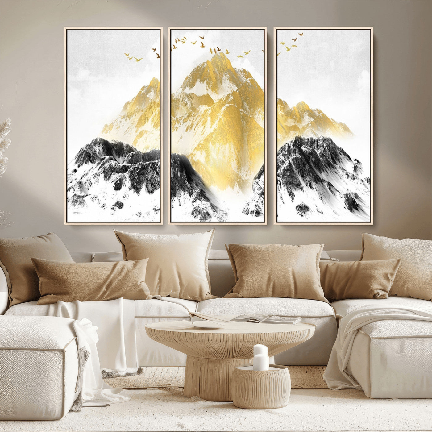 MGV-FC-48X32-3P - Golden Mountain Triptych Wall Art, Modern Giclee Canvas Print, Nature Landscape Decor for Living Room, Contemporary Gold and Black Wall Art