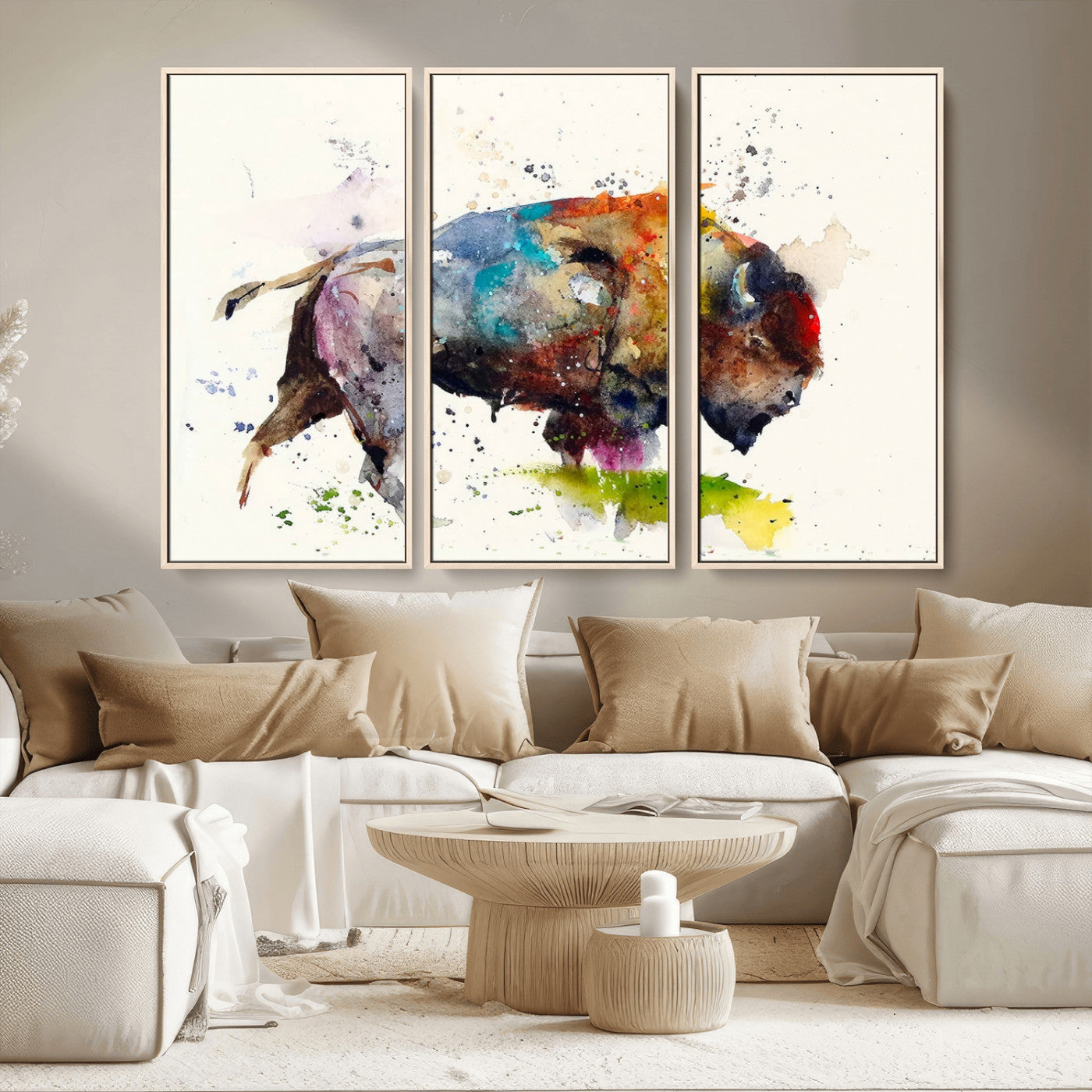 MGV-FC-48X32-3P - Abstract Buffalo Wall Art, Western Watercolor Bison Canvas Print, Rustic Buffalo Art for Cowboy and Western Decor, Large Multi-Panel Giclee Canvas