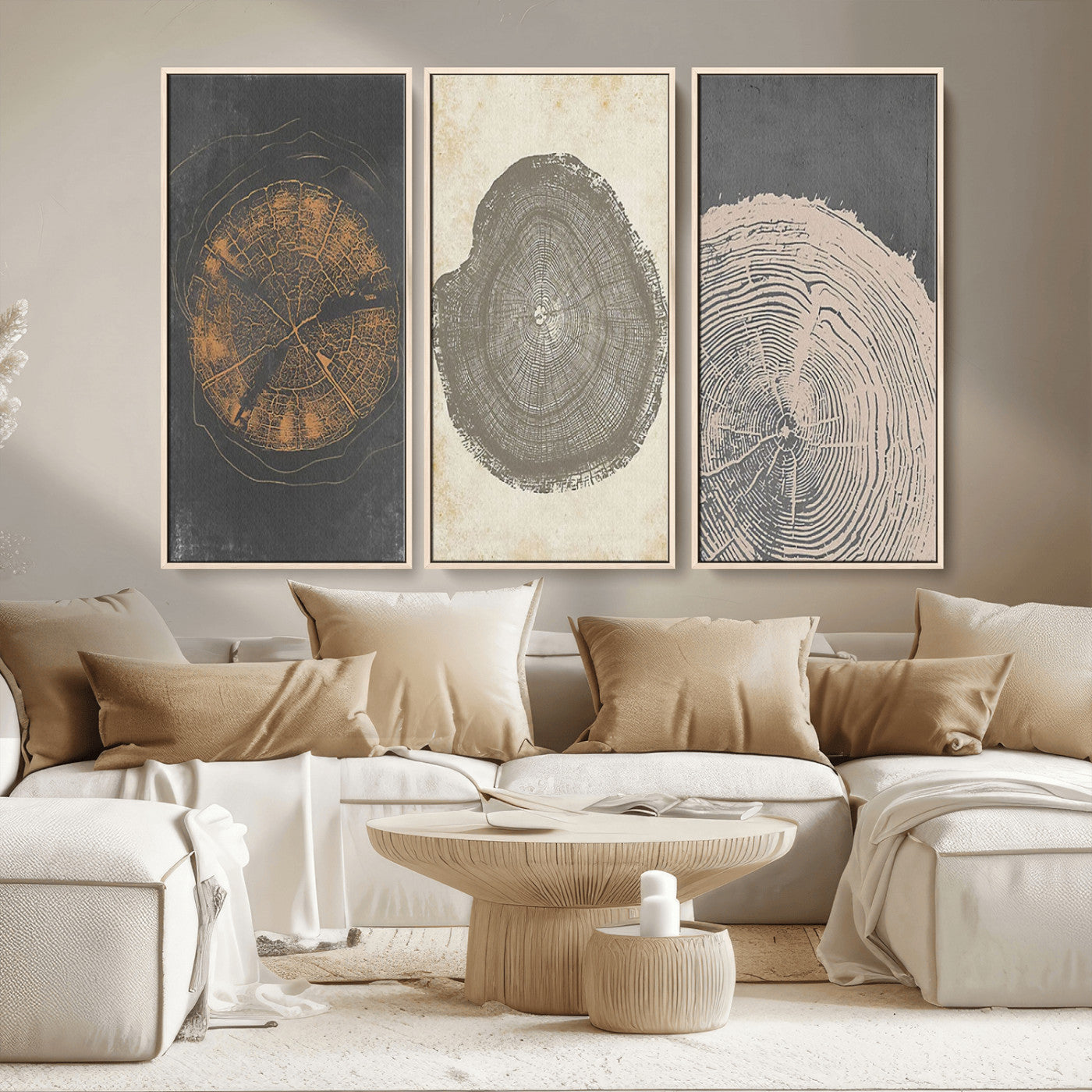 MGV-FC-48X32-3P - Boho Tree Ring Wall Art, Modern Minimalist Wood Grain Canvas, Tree Slice for Rustic Decor, Farmhouse Decor Giclee Canvas Print, Tree Ring Canvas Set