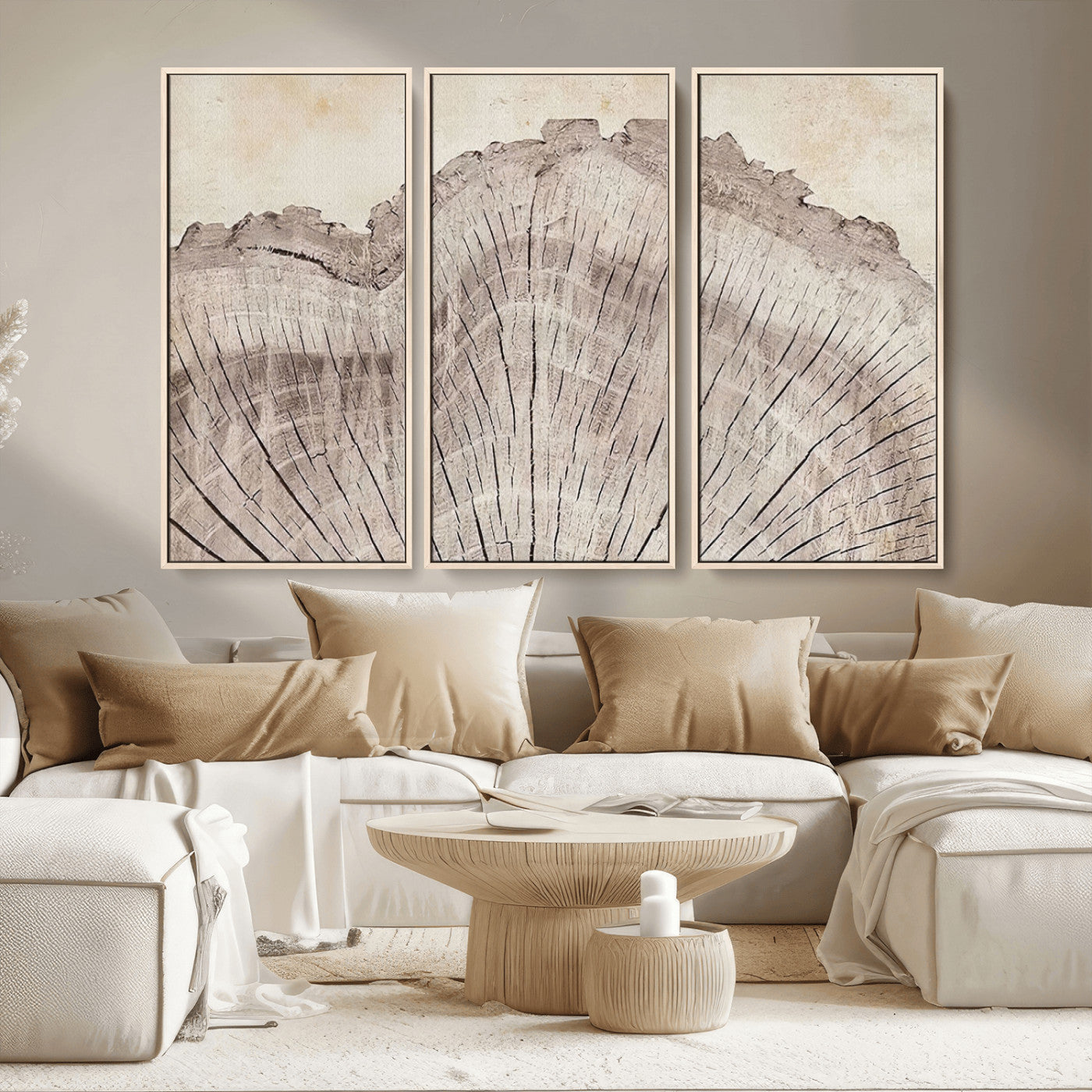 MGV-FC-48X32-3P - Tree Ring Wall Art Triptych, Rustic Wood Ring Canvas Print, Minimalist Wall Decor for Modern Homes and Farmhouse Decor