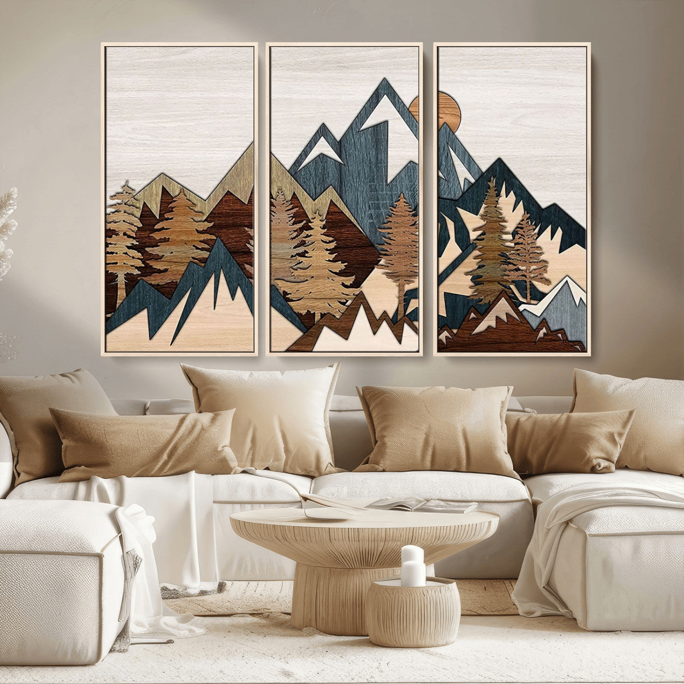 MGV-FC-48X32-3P - Woodland Mountain Landscape Triptych, Giclee Canvas Art for Modern Home, Rustic Wooden Nature Wall Art, Large Mountain and Tree Canvas for Living Room