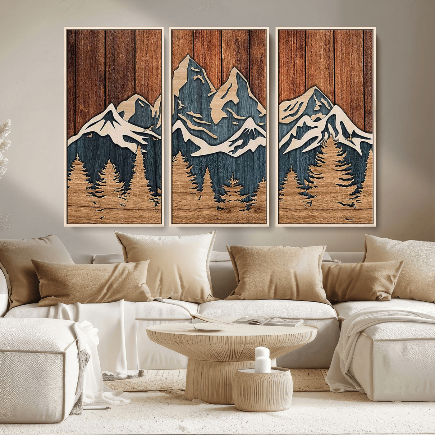 MGV-FC-48X32-3P - Rustic Wood Style Mountain Wall Art, Nature Forest Canvas Print, Wooden Textured Mountain Artwork, Handcrafted Landscape Decor for Farmhouse Decor