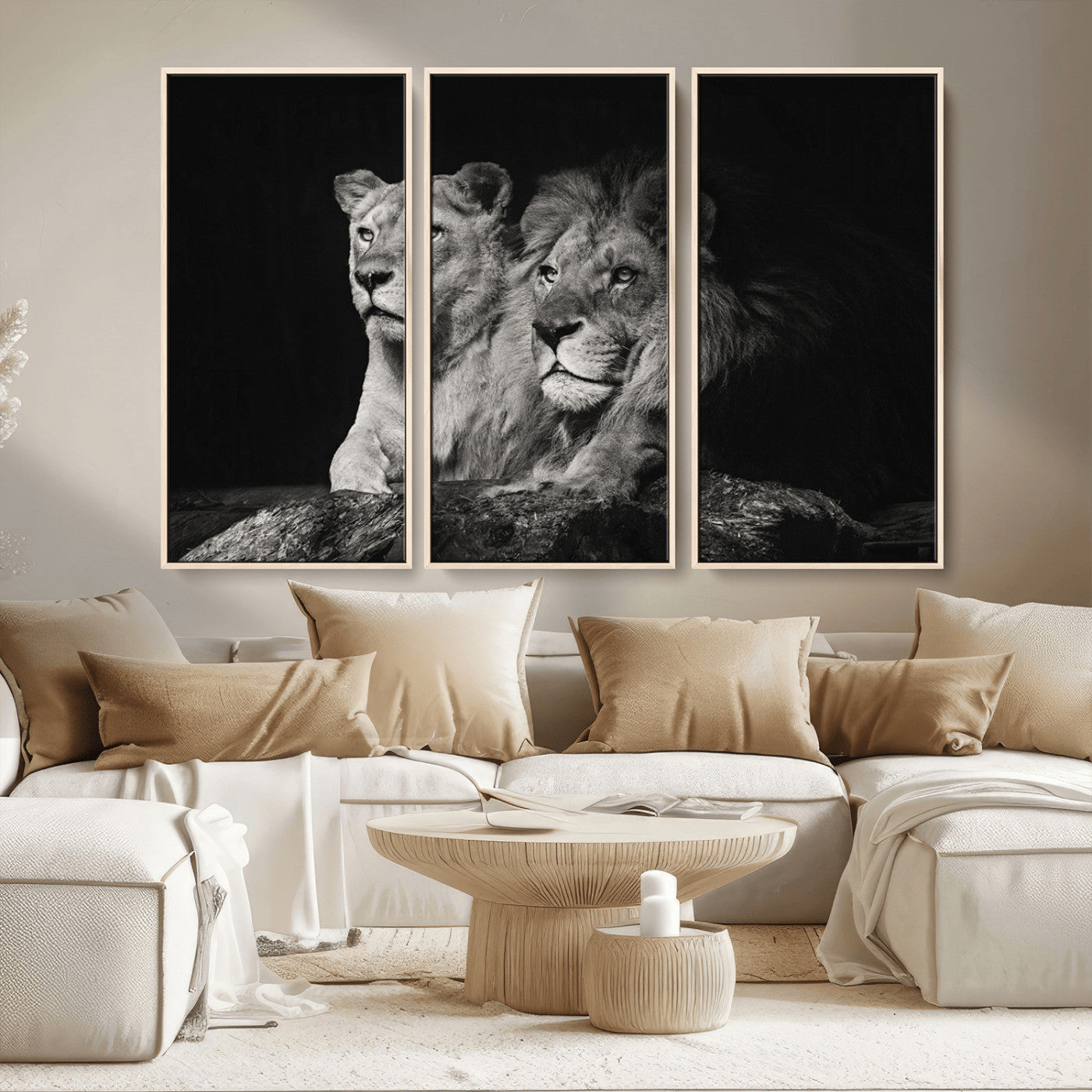 MGV-FC-48X32-3P - Lion Couple Canvas Wall Art Print – Elegant Wildlife Portrait in Black and White Lion Family – Ready to Hang