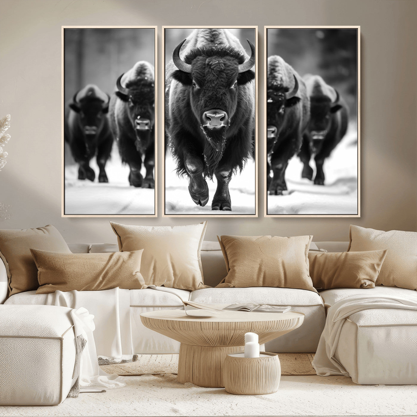 MGV-FC-48X32-3P - American Bison Art | Buffalo Herd Wall Art Canvas Print, BW American Bison Herd Wall Art Canvas Print