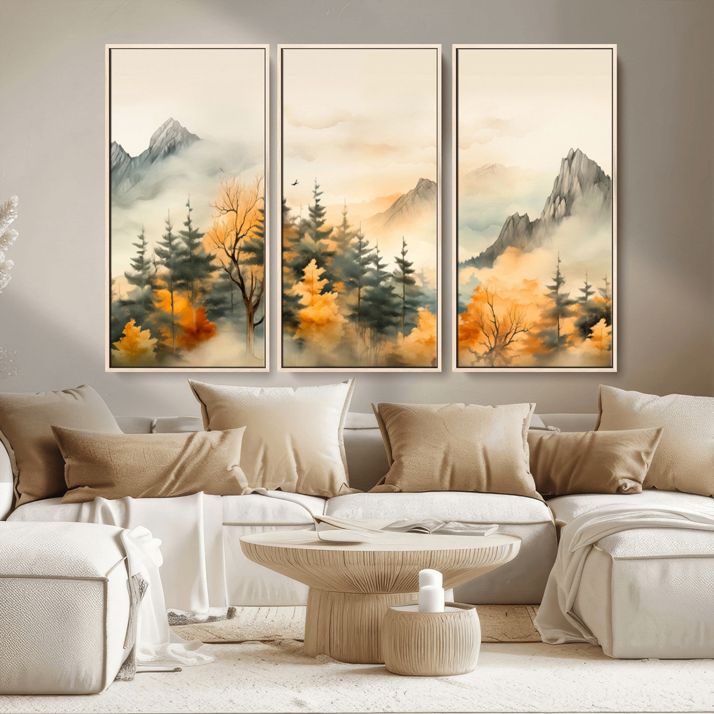 MGV-FC-48X32-3P - Abstract Watercolor Mountains and Trees Autumn Art, Watercolor Mountains and Trees Canvas Print