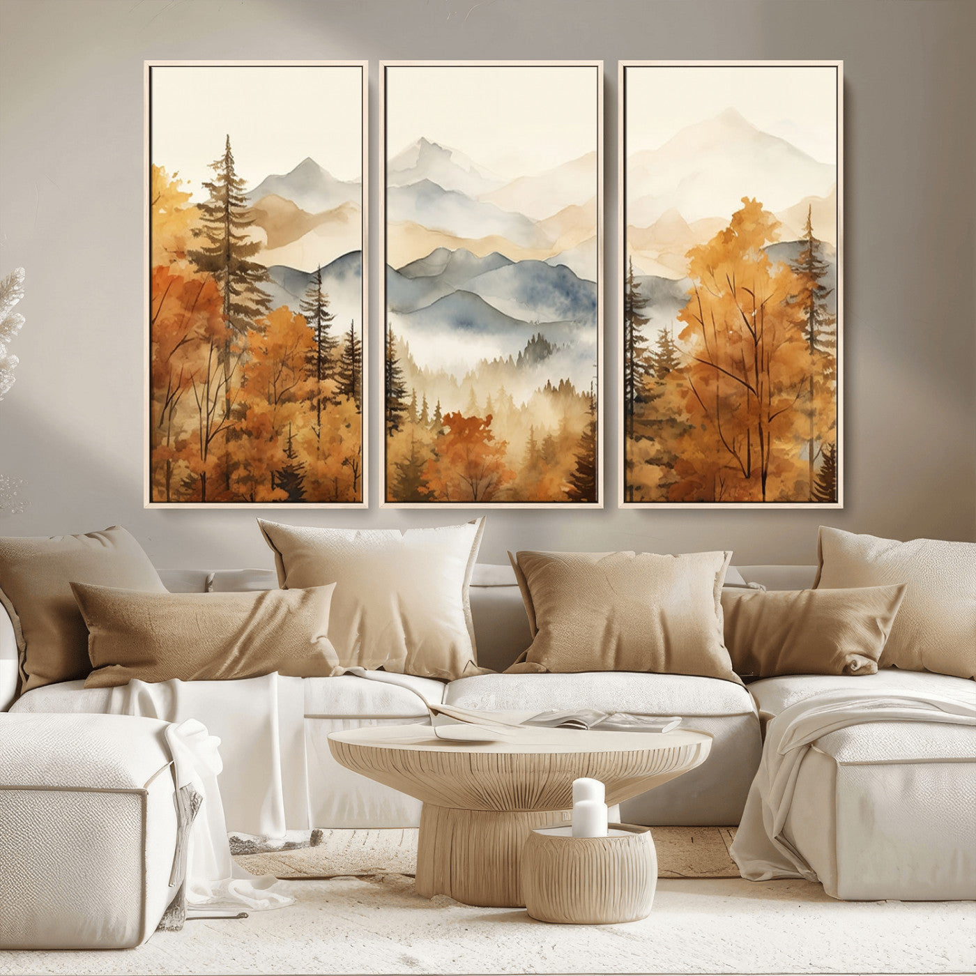 MGV-FC-48X32-3P - Golden Autumn Forest Wall Art | Mountain Landscape Canvas Print for Living Room or Bedroom | Large Wall Decor with Nature-Inspired Design
