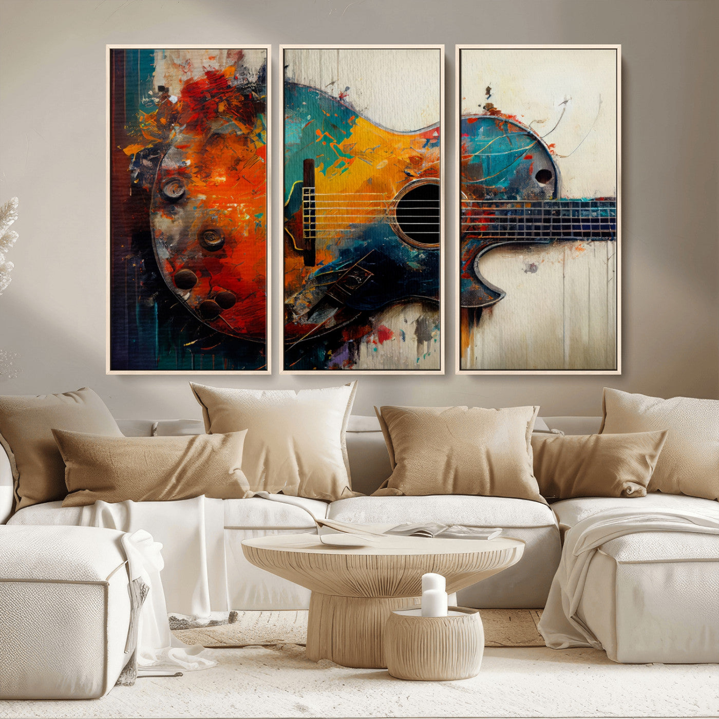 MGV-FC-48X32-3P - Abstract Guitar Wall Art Canvas | Vibrant Music-Inspired Art for Living Room or Studio | Colorful Music Decor Canvas Print