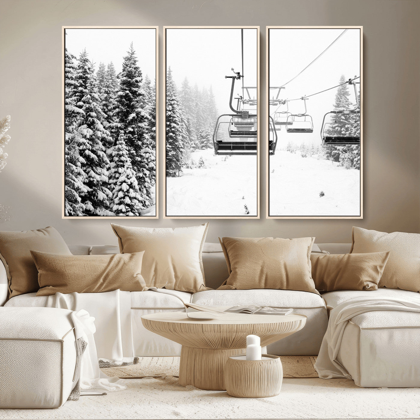 MGV-FC-48X32-3P - Ski Wall Art - Ski Lift Wall Art Canvas Print Snow Covered Spruce Trees Winter Wall Art Ski Skier