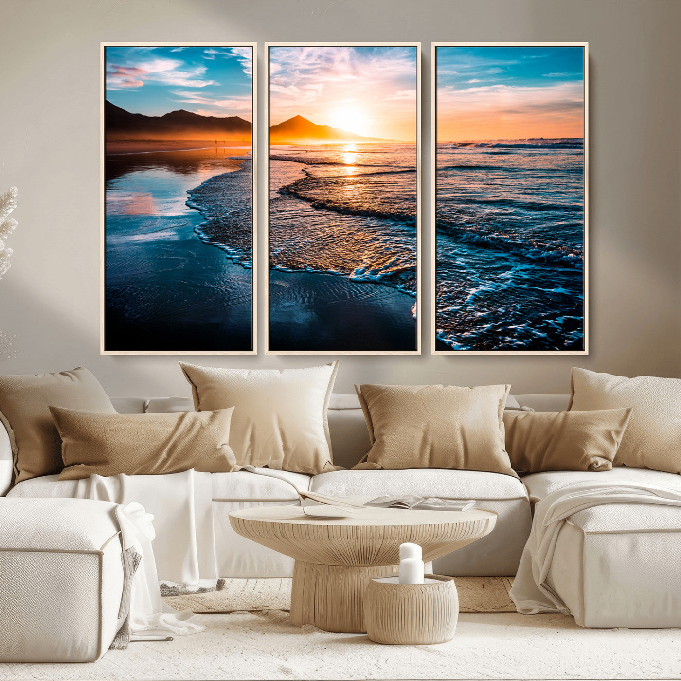MGV-FC-48X32-3P - Beach Ocean Sunset on the Sea Wall Art Canvas, Beach Ocean Sunset Canvas Print