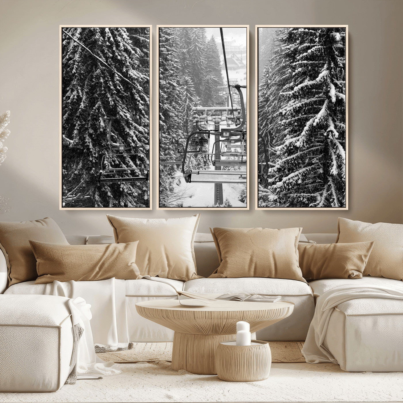 MGV-FC-48X32-3P - Winter Ski Lift Black and White Canvas Wall Art – Alpine Escape in Minimalist Style – Ready to Hang
