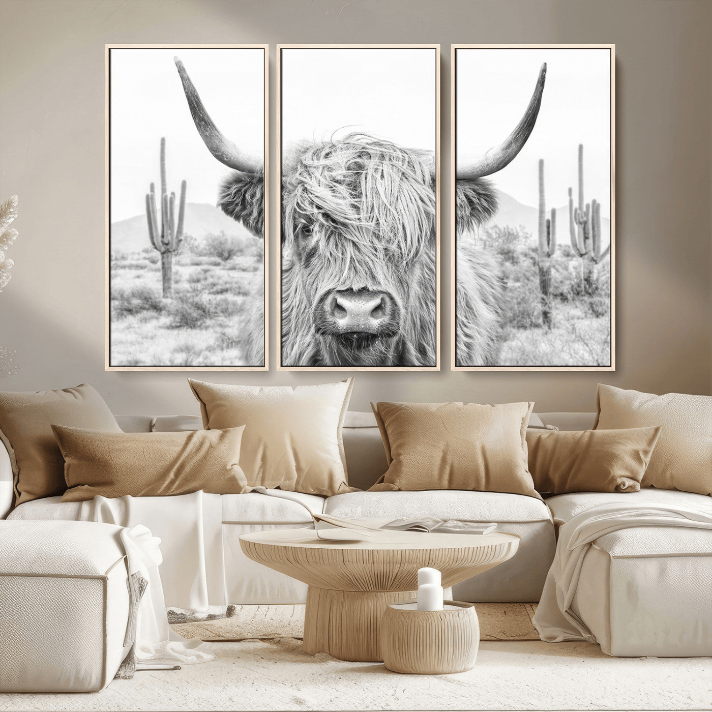 -Rustic Charm | Cow Longhorn Black White Bighorn Wall Art Canvas Print | Farmhouse Wall Art